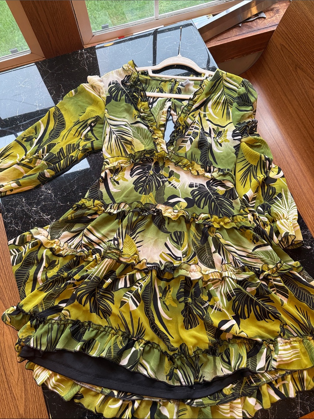 Ruffled V-Neck Green Tropical Dress